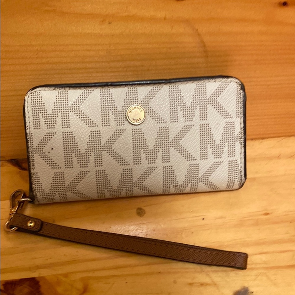 Michael Kors Monogram Wristlet in Cream and Brown